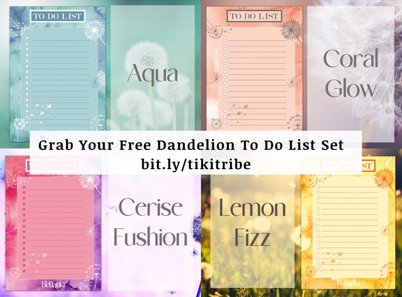Peut inclure: Un ensemble de quatre listes de choses &agrave; faire imprimables avec des illustrations de pissenlits et des arri&egrave;re-plans aquarelle. Les titres des listes sont "Aqua", "Coral Glow", "Cerise Fushion" et "Lemon Fizz".