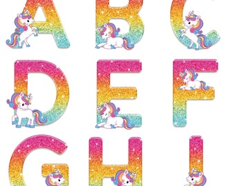 Unicorn Glitter Alphabet PNG Bundle: Rainbow Ombre, Blue Sparkle (Commercial Licence)