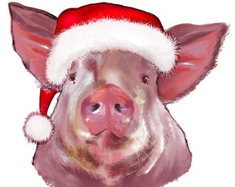 Xmas Pink Piggy PNG: Original Clip Art, Sublimation Design (Commercial Licence)