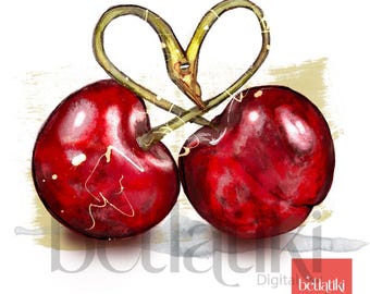 Squiggle Cherries Digital Print, Fruit Artwork PNG (Digital Download)
