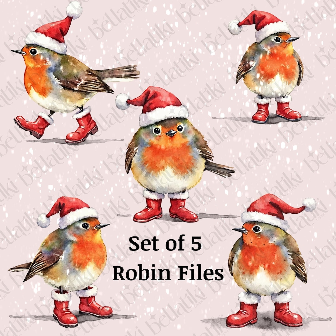 Watercolor Christmas Robin Clipart | Santa Hat, Boots (PNG Files) - Etsy