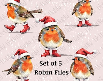 Watercolor Christmas Robin Clipart | Santa Hat, Boots (PNG Files)