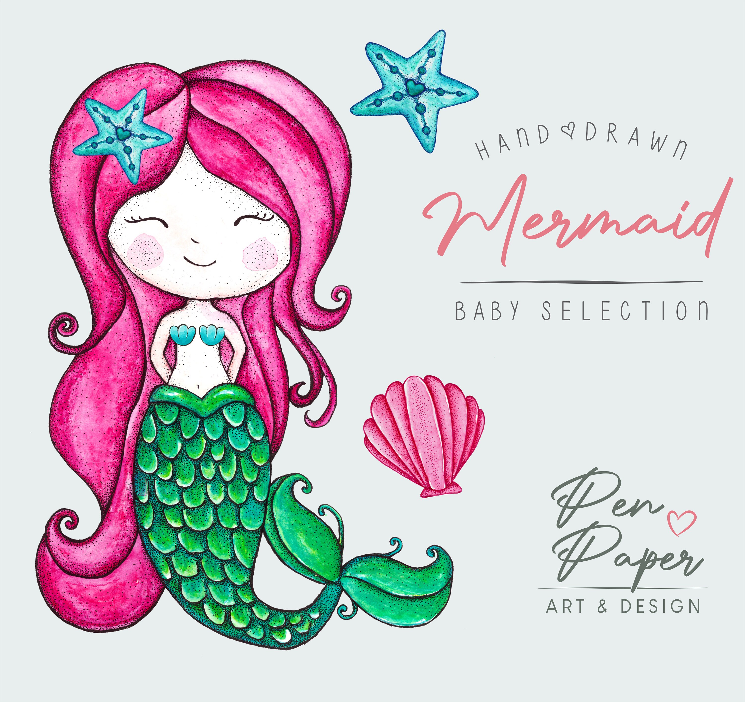 Mermaid Drawing Watercolor Sea Animal Clipart Digital Download ...