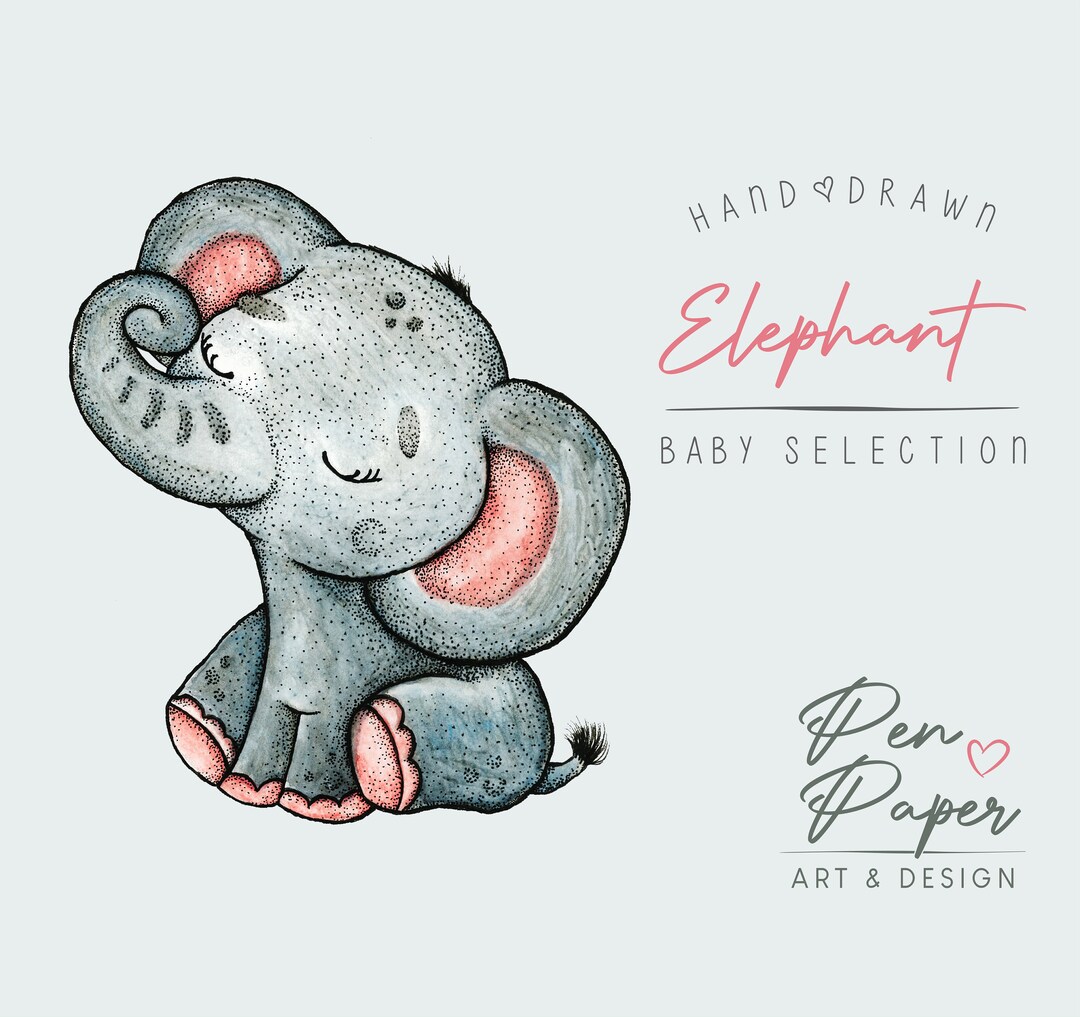 Printable Hand Drawn Baby Elephant Clipart / Hand Painted Clipart ...