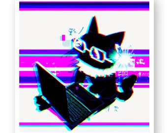 Un gato hacker barbudo con fallos gráficos en una pegatina divertida y adorable de edición limitada.