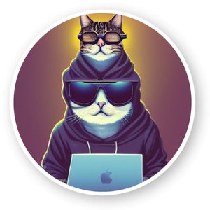 May include: A digital illustration of a cat wearing a black hoodie and sunglasses, holding a laptop with an Apple logo. The cat has a white face and tabby markings. The background is a gradient of purple and yellow.