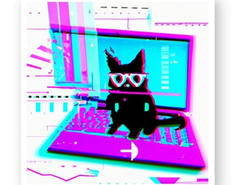 Pegatina de gato con fallos generados por IA delante de un portátil, en una pegatina divertida | regalo para geeks
