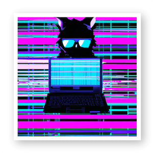 May include: Digital artwork depicting a black cat-like figure with blue-tinted glasses above a laptop. The background is a vibrant mix of pink, blue, and black horizontal lines, creating a glitch-art aesthetic.