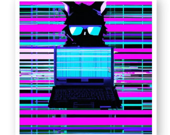 En glitchad hackerkatt, algoritmiskt genererad på ett roligt klistermärke, begränsad upplaga om 5.