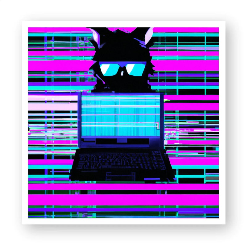 K&ouml;nnte beinhalten: Digitales Kunstwerk mit einer schwarzen, katzenartigen Figur mit blau get&ouml;nten Gl&auml;sern &uuml;ber einem Laptop. Der Hintergrund ist eine lebendige Mischung aus rosa, blauen und schwarzen horizontalen Linien, die eine Glitch-Art-&Auml;sthetik erzeugt.