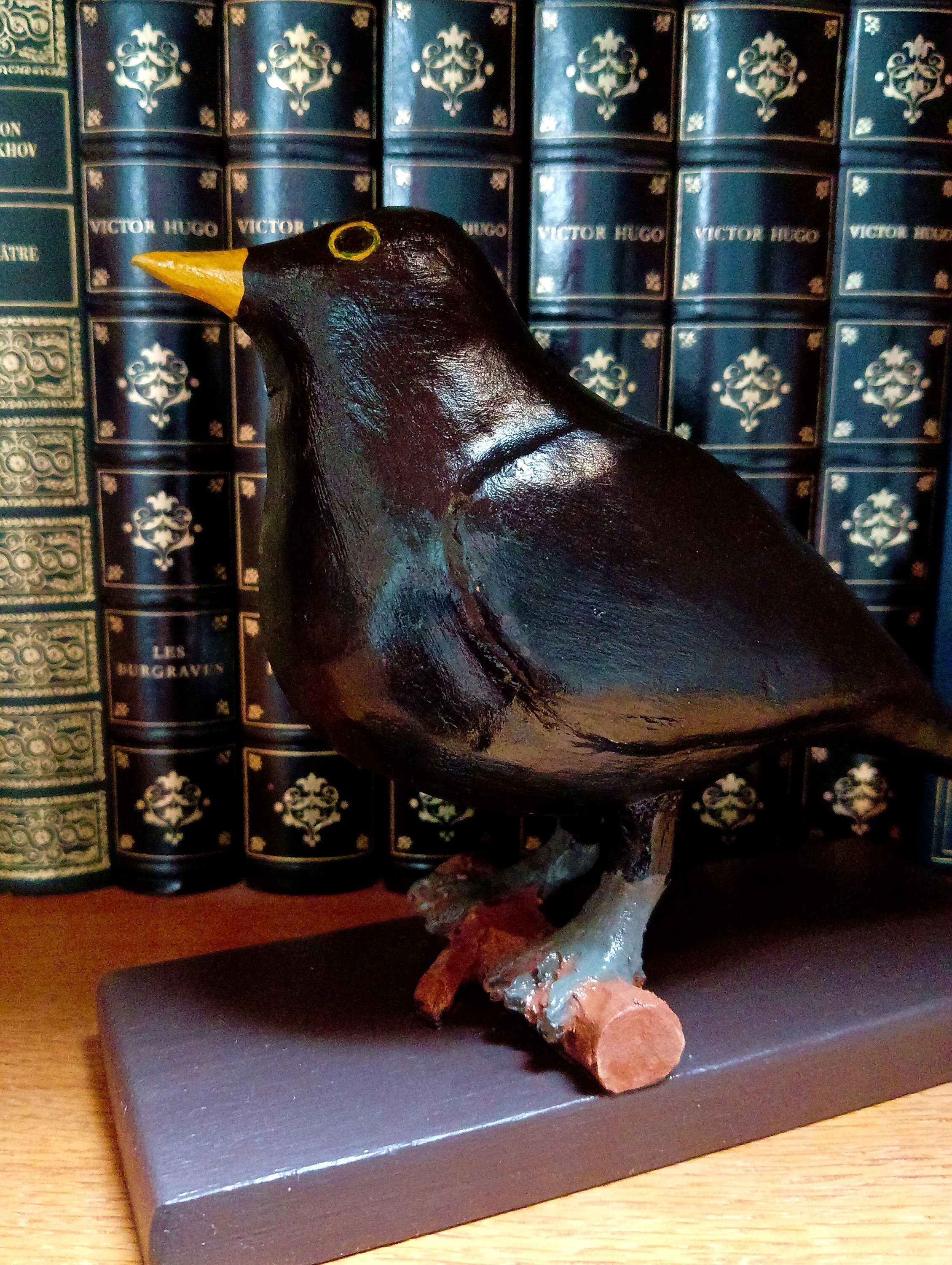 Merle Noir Sculpture sur Bois Black Bird Craft Wood Objet Déco Artisanale Oiseau