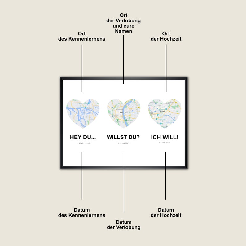 Puede incluir: Una impresi&oacute;n enmarcada en blanco con tres mapas en forma de coraz&oacute;n. Los mapas est&aacute;n etiquetados como "Hey Du...", "Willst Du?" e "Ich Will!" con fechas debajo de cada mapa. El texto "Ort des Kennenlernens", "Datum der Verlobung", "Ort der Hochzeit" y "Datum des Kennenlernens" est&aacute; escrito debajo de los mapas.