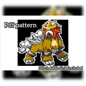 Puede incluir: Ilustración pixelada de una criatura mítica en tonos marrones, amarillos y rojos, con detalles blancos. El texto "Pdf pattern" y "Stitch fiddle link included" se muestra en la imagen.
