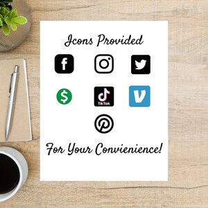 Może przedstawiać: Biała kartka papieru z tekstem "Icons Provided" u g&oacute;ry.  Pod tekstem znajdują się ikony dla Facebooka, Instagrama, Twittera, znaku dolara, TikToka, Vimeo i Pinteresta.  Tekst "For Your Convenience!" znajduje się na dole strony.