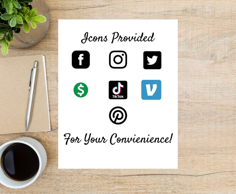Może przedstawiać: Biała kartka papieru z tekstem "Icons Provided" u g&oacute;ry.  Pod tekstem znajdują się ikony dla Facebooka, Instagrama, Twittera, znaku dolara, TikToka, Vimeo i Pinteresta.  Tekst "For Your Convenience!" znajduje się na dole strony.