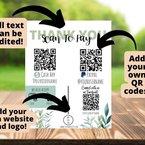 Może przedstawiać: Biały znak z podziękowaniem, z zielonymi liśćmi i sekcją skanowania do płatności. Znak zawiera kody QR dla Cash App, PayPal i Facebooka. Tekst na znaku brzmi: "Dziękuję Scan To Pay", "Cash App $YOURUSERNAME", "PayPal @YOURUSERNAME", "Połącz się z nami na Facebooku!" i "Nazwa Twojej grupy".