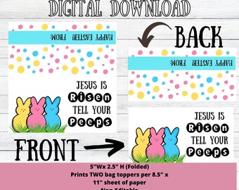 Può includere: Topper per sacchetti di Pasqua stampabili con un motivo a pois colorati e il testo "Gesù è risorto Dillo ai tuoi Peeps". La parte anteriore del topper presenta tre peeps dei cartoni animati e la parte posteriore ha un motivo a pois. Il stampabile misura 12,7 cm di larghezza per 6,35 cm di altezza una volta piegato.