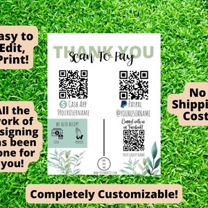 Może przedstawiać: Drukowany znak z podziękowaniem z zielonym i białym wzorem kwiatowym. Znak zawiera kod QR do akceptowania płatności za pośrednictwem Cash App i PayPal. Znak zawiera r&oacute;wnież kod QR do połączenia z firmą na Facebooku. Tekst na znaku brzmi "Dziękujemy Scan To Pay" i "Brak koszt&oacute;w wysyłki!"