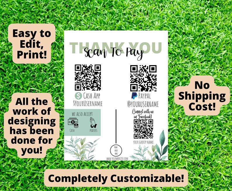 Może przedstawiać: Drukowany znak z podziękowaniem z zielonym i białym wzorem kwiatowym. Znak zawiera kod QR do akceptowania płatności za pośrednictwem Cash App i PayPal. Znak zawiera r&oacute;wnież kod QR do połączenia z firmą na Facebooku. Tekst na znaku brzmi "Dziękujemy Scan To Pay" i "Brak koszt&oacute;w wysyłki!"