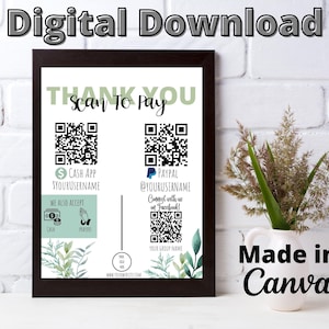 Może przedstawiać: Cyfrowy znak z podziękowaniem do pobrania z zielonym i białym tłem. Znak zawiera dwa kody QR do akceptowania płatności za pośrednictwem Cash App i PayPal. Znak zawiera r&oacute;wnież sekcję do akceptowania got&oacute;wki i modlitw. Znak zawiera tekst "Scan to Pay" i "Dziękuję".