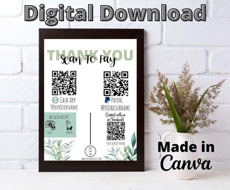 Może przedstawiać: Cyfrowy znak z podziękowaniem do pobrania z zielonym i białym tłem. Znak zawiera dwa kody QR do akceptowania płatności za pośrednictwem Cash App i PayPal. Znak zawiera r&oacute;wnież sekcję do akceptowania got&oacute;wki i modlitw. Znak zawiera tekst "Scan to Pay" i "Dziękuję".