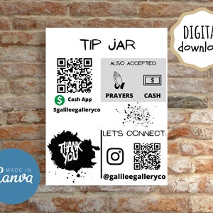 Tip Jar Template, QR Code Template, Venmo QR Code Sign, Scan and Pay Editable PDF, Cash App Pay Sign