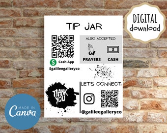 Szablon słoika na napiwki, szablon kodu QR, znak kodu QR Venmo, skanowanie i płacenie edytowalnego pliku PDF, znak Cash App Pay