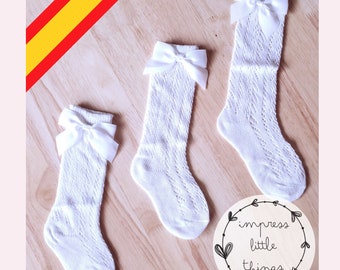 White Cotton Knee High Socks: Spanish Style Bow Socks