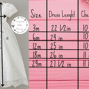 May include: White baby dress with lace details. The image includes a size chart with measurements in inches for dress length and chest size, ranging from 3 months to 24 months.