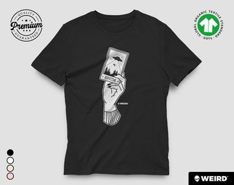 UFO alien abduction cartomancy printed unisex organic cotton t-shirt, original and funny design, gift for men and women