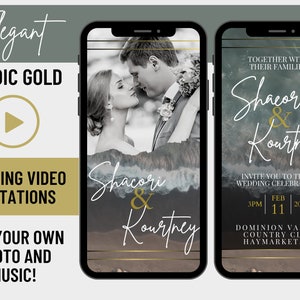 K&ouml;nnte beinhalten: Eine Hochzeitseinladungsvideo mit einem goldenen und wei&szlig;en Farbschema. Die Einladung zeigt ein Foto eines Paares am Strand mit dem Text "Shacori & Kourtney" sowie das Hochzeitsdatum und den Ort.