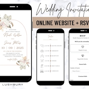 May include: A wedding invitation on a mobile phone screen with a floral design and the text "Together with their families Nicole Wilson and James Patres 10 09 2025 At 6 PM in the evening The Majestic Hotel 1500 Sutter Street, 94109 San Francisco, California reception to follow Lushbury Wedding Invitation Online Website + RSVP!" The screen also shows a timeline of events and an RSVP section.