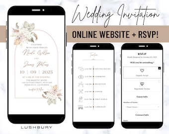 Online huwelijksuitnodiging Mini-website & RSVP, digitale trouwwebsite, online RSVP en planning, gepersonaliseerde elektronische mobiele uitnodiging