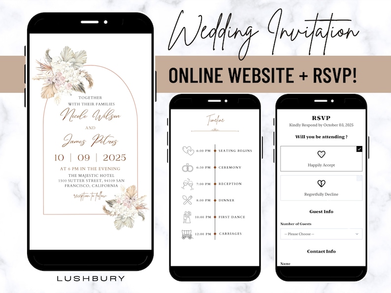 May include: A wedding invitation on a mobile phone screen with a floral design and the text "Together with their families Nicole Wilson and James Patres 10 09 2025 At 6 PM in the evening The Majestic Hotel 1500 Sutter Street, 94109 San Francisco, California reception to follow Lushbury Wedding Invitation Online Website + RSVP!" The screen also shows a timeline of events and an RSVP section.