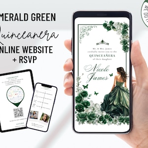 MUSICAL Emerald Green mis quince website invitation, Green dress princess quinceañera, Green roses royal sweet 16th birthday e-invite & RSVP