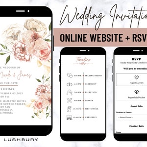 Digitale Hochzeitseinladung & Antwortkarte - Mini Hochzeitswebsite - Roségoldene Blumenhochzeit - Personalisierte elektronische Einladungskarte - Online Antwortkarte