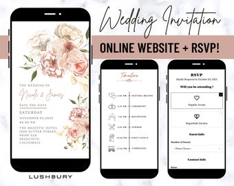 May include: A wedding invitation on a mobile phone screen with a floral design and the text "The Wedding of Nicole & James" and "Save the Date". The invitation includes the date, time, location, and a website address for RSVP.