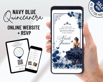 MUSICAL Navy Blue mis quince website invitation, blue dress princess quinceañera, blue roses royal sweet 16th birthday e-invite & RSVP
