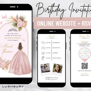 MUSICAL Pink Blush mis kweepeer website-uitnodiging, roze jurk prinses quinceañera, roze rozen royal sweet 16e verjaardag e-uitnodiging en RSVP