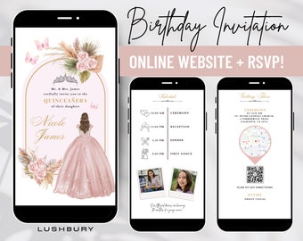 MUSICAL Pink Blush mis quince website invitation, Pink dress princess quinceañera, Pink roses royal sweet 16th birthday e-invite & RSVP