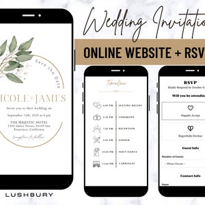 Online Hochzeitseinladung Mini Website & Antwortkarte, digitale Hochzeitswebsite mit Musik, Online Antwortkarte und Stundenplan, elektronische Einladungskarte