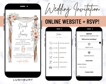 Online huwelijksuitnodiging Miniwebsite & RSVP met muziek, digitale trouwwebsite, online RSVP en schema, elektronische jubileumuitnodiging