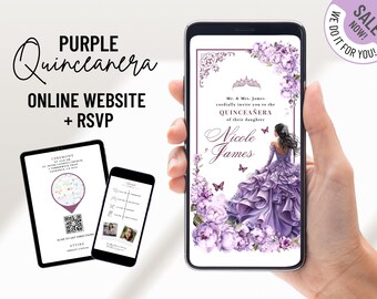 May include: Purple Quinceañera invitation with a floral design and a woman in a purple dress. The invitation includes the text "Mr. & Mrs. James cordially invite you to the Quinceañera of their daughter Nicole James".