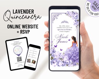 May include: A lavender and white Quinceañera invitation with a floral design and a photo of a young woman in a lavender gown. The text on the invitation reads "Mr. & Mrs. James cordially invite you to the QUINCEAÑERA of their daughter Nicole James".