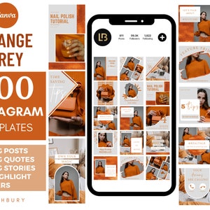 300 Instagram Template Bundle (Post/Quotes/Story) – Orange & Grey - Business - Blogger - Orange Social Media Canva – Affirmations - Coaching