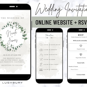 Minimalistische Hochzeit im Grünen lädt mit Antwortkarte Online ein - Einfache digitale Hochzeitswebsite mit Musik - Hochzeit lädt ein - digitales mobiles Evite