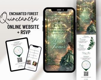 Website-uitnodiging betoverd bos smaragdgroene kweepeer, groene jurk prinses quinceañera, sprookjesachtige bloemen zoete 16e verjaardag e-uitnodiging en RSVP