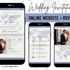 Online paspoort bruiloft uitnodiging Mini Website & RSVP, blauwe digitale bruiloftswebsite, online RSVP en schema, aangepaste mobiele uitnodiging