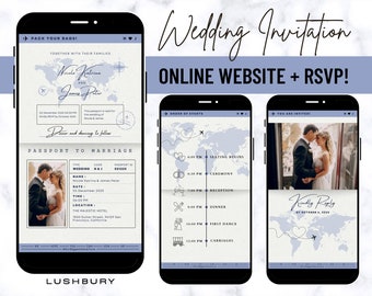 Online Passport Wedding Invitation Mini Website & RSVP, Blue Digital Wedding Website, Online RSVP and Schedule, Custom Mobile Invite