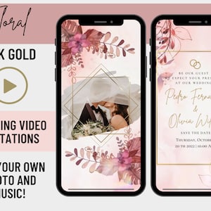 Invitación de video de boda rosa, tarjeta animada floral, invitación de boda digital, invitación de boda personalizada, plantilla de boda electrónica